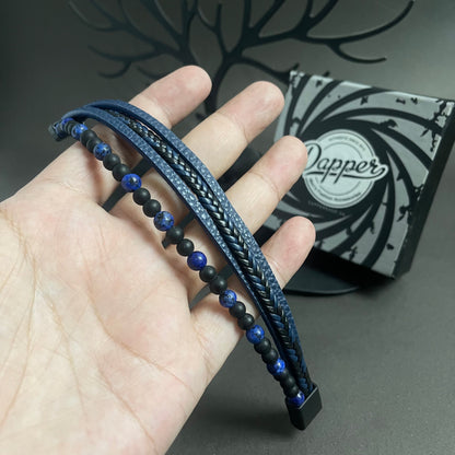 Layered Beaded Leather Bracelet For Men - Blue Agate