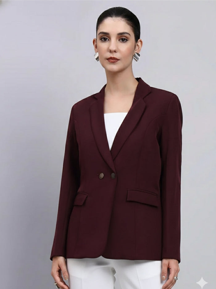 Women Burgundy Notched Lapel Blazer