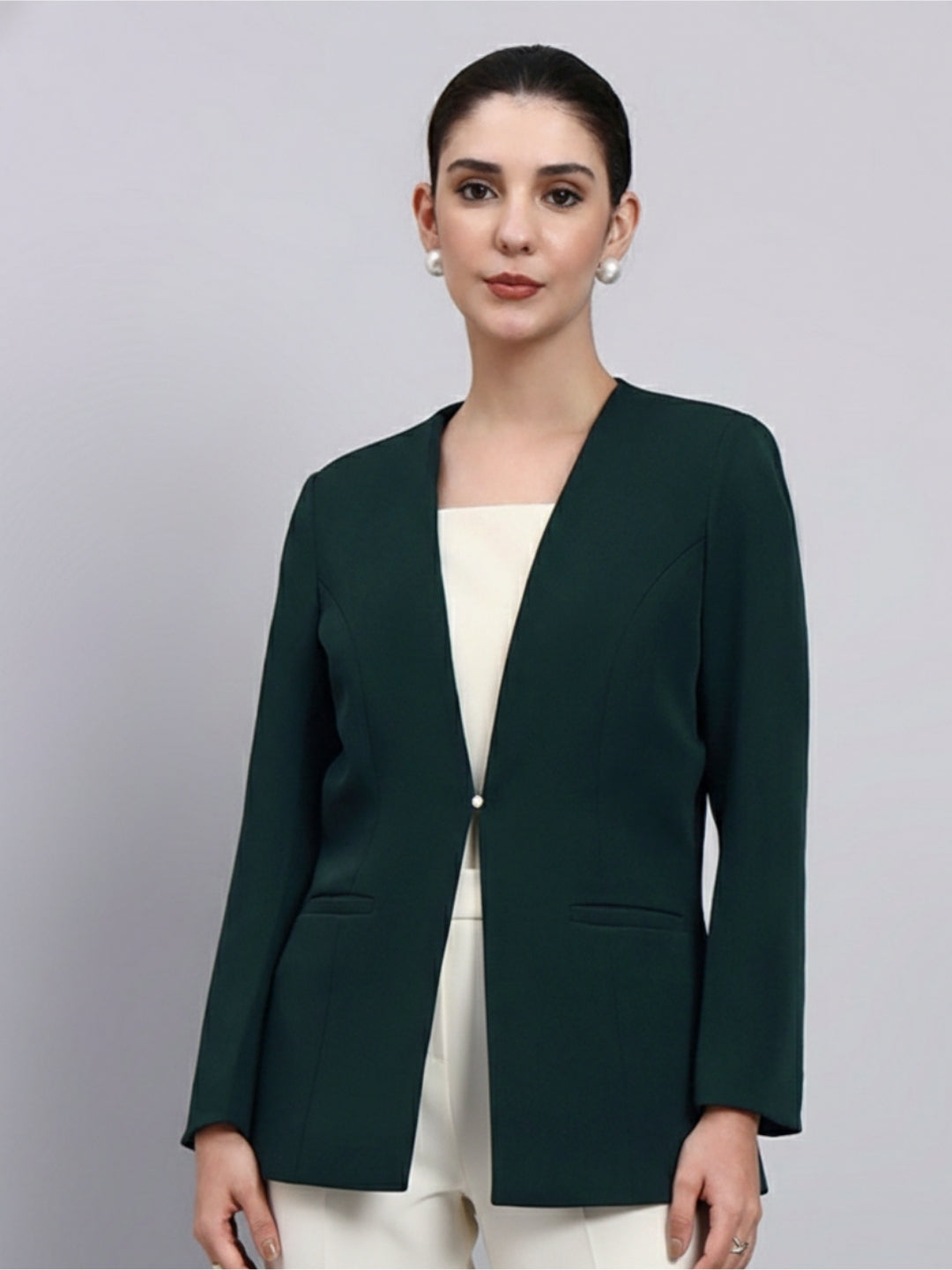 Women Green Lapel Less Blazer