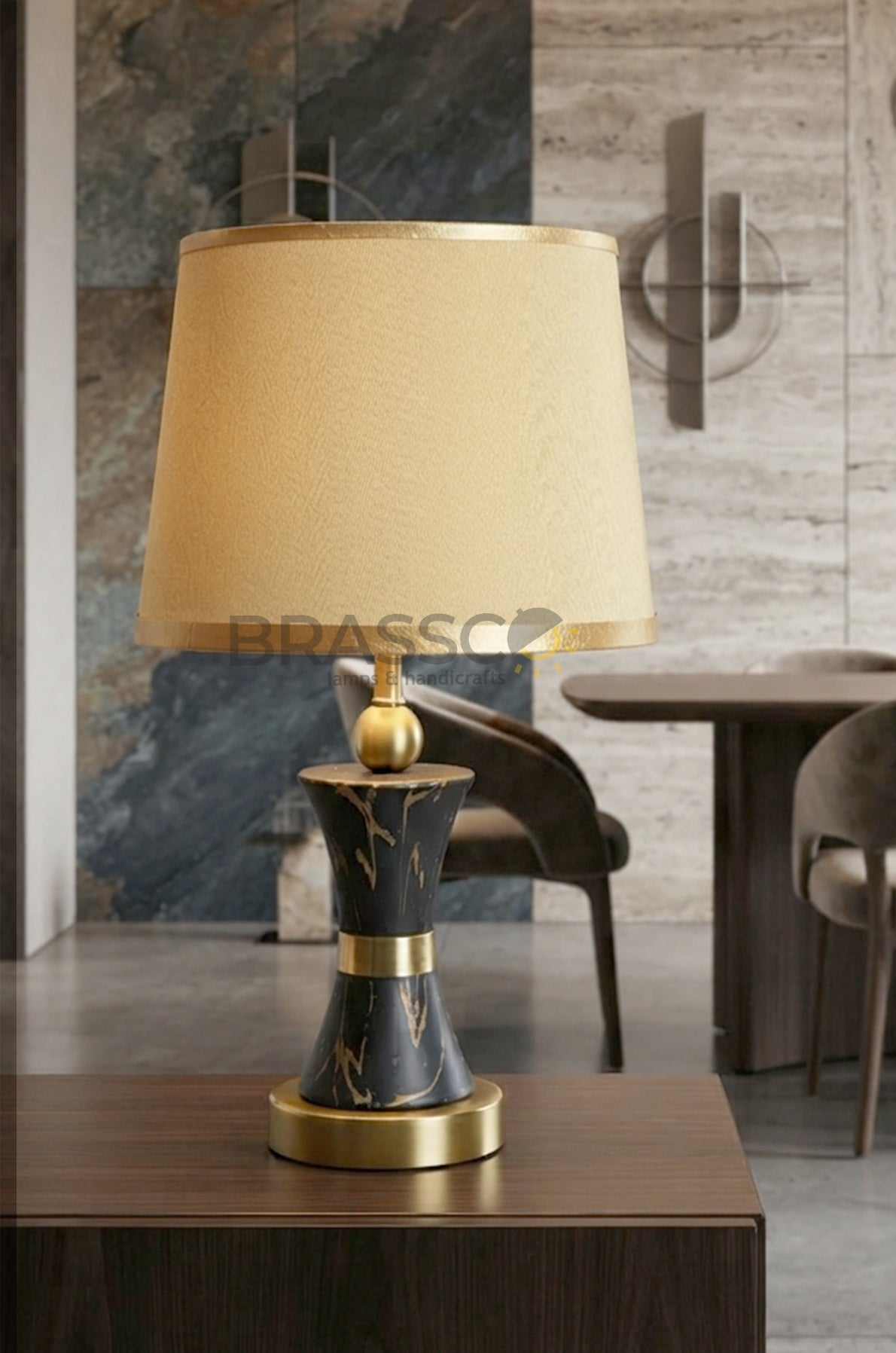 Black Carved Marble-Texture Brass Metal Table Lamp