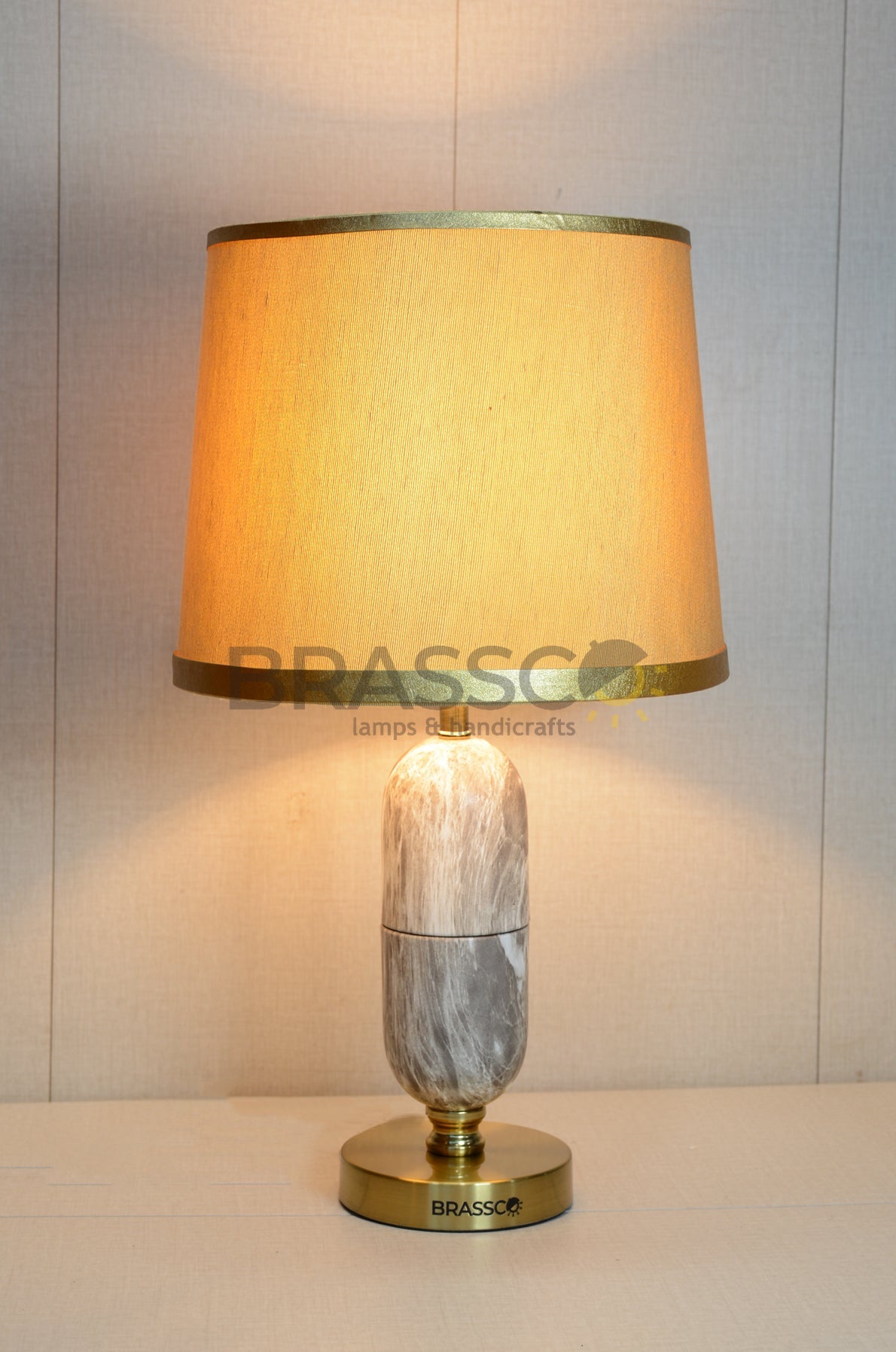 Brown Oval Marble-Texture Brass Metal Table Lamp