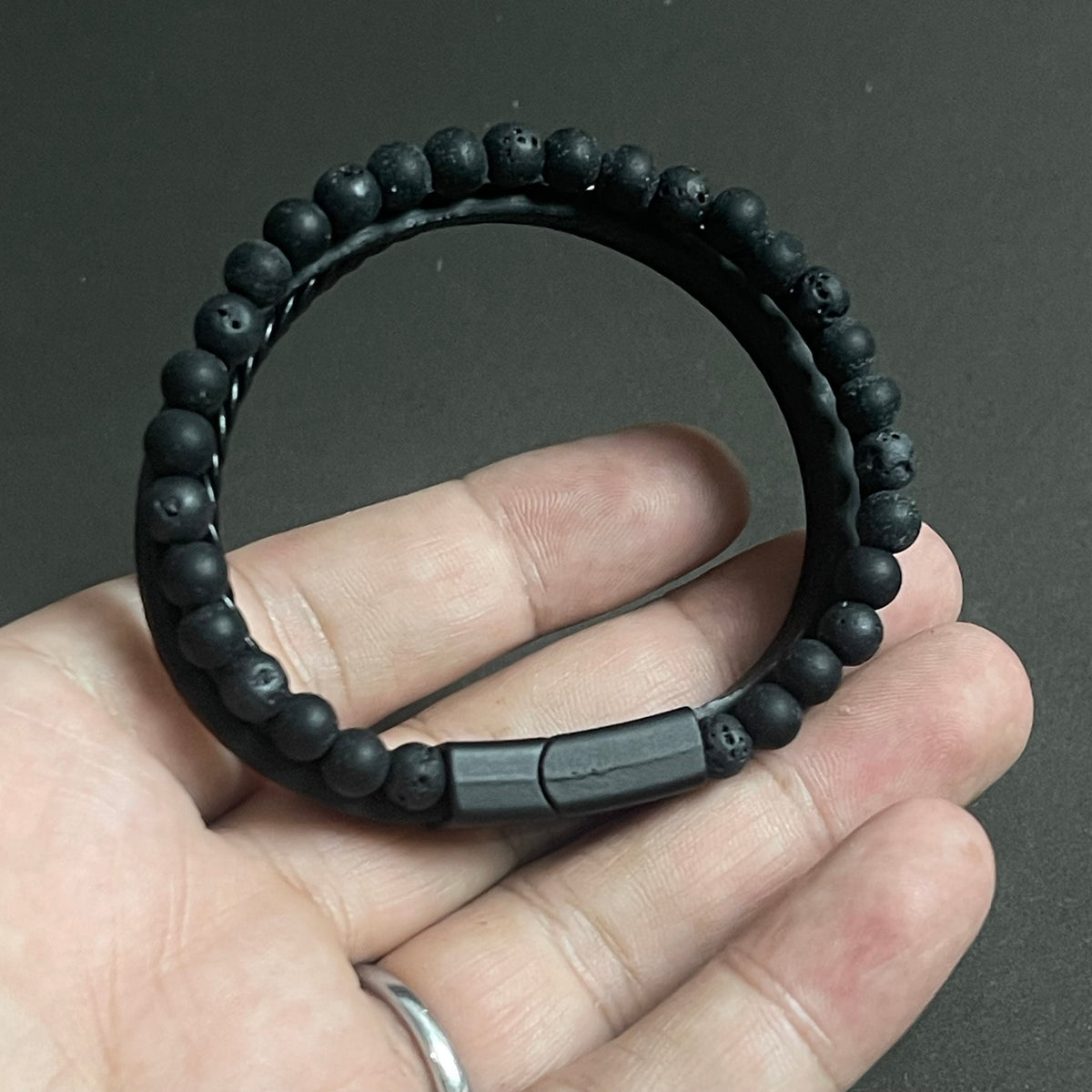 Layered Beaded Leather Bracelets For Men - Black Lava