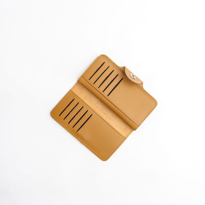 Tri-Fold Pure Leather Long Wallet With Button Closure-CAMEL BROWN