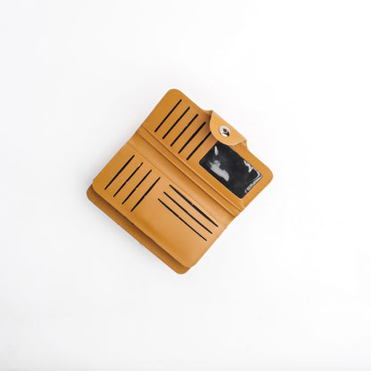 Tri-Fold Pure Leather Long Wallet With Button Closure-CAMEL BROWN