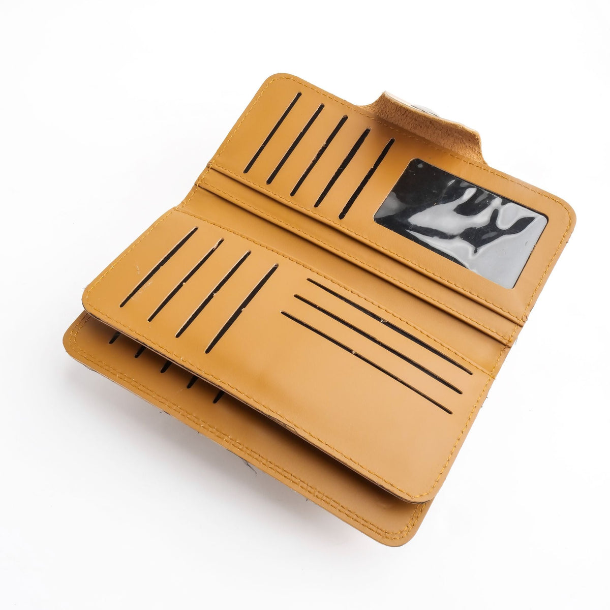 Tri-Fold Pure Leather Long Wallet With Button Closure-CAMEL BROWN