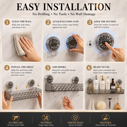 Transparent Suction Cup Bathroom Storage Shelf with Hanging Hooks – No Drill Wall Mounted Organizer Rack
