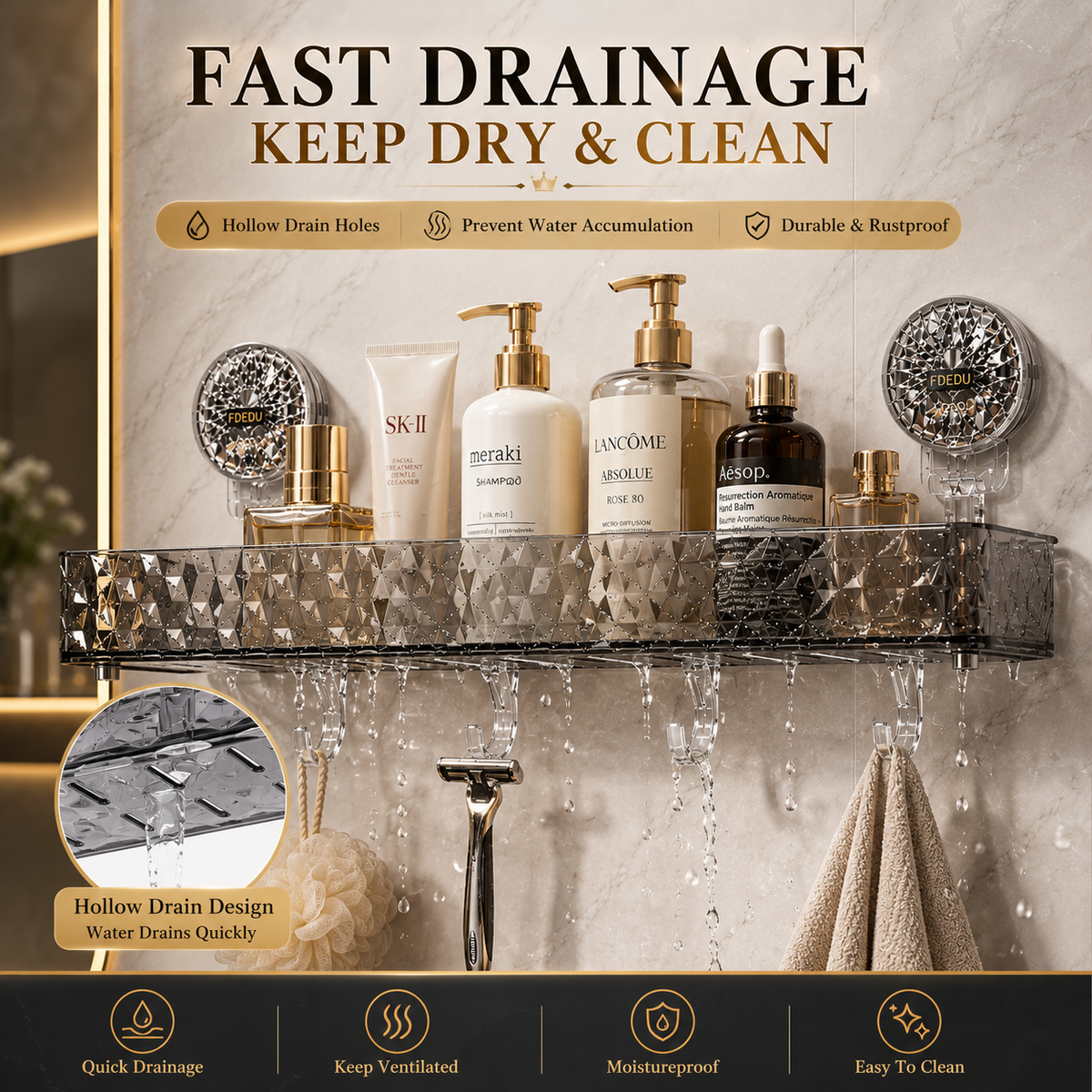 Transparent Suction Cup Bathroom Storage Shelf with Hanging Hooks – No Drill Wall Mounted Organizer Rack
