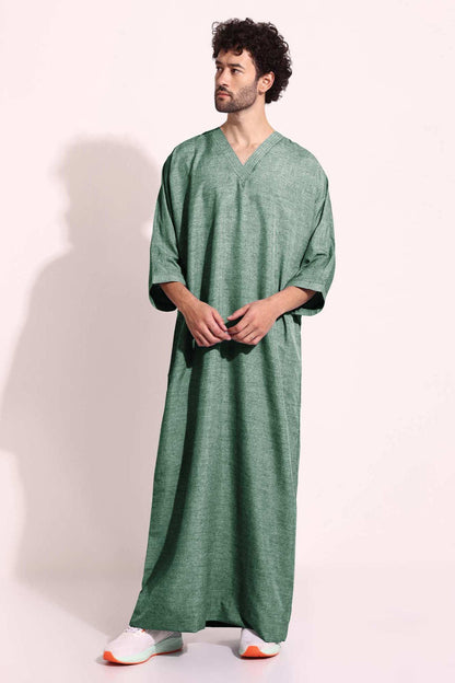 Classic V-Neck Thobe: Men's Casual Green Arabic Wear