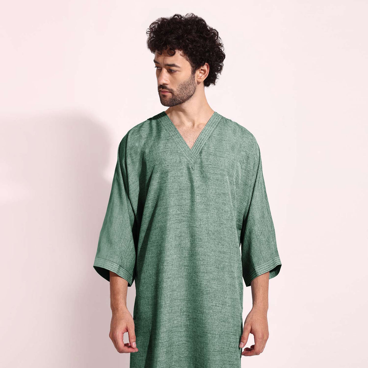 Classic V-Neck Thobe: Men's Casual Green Arabic Wear
