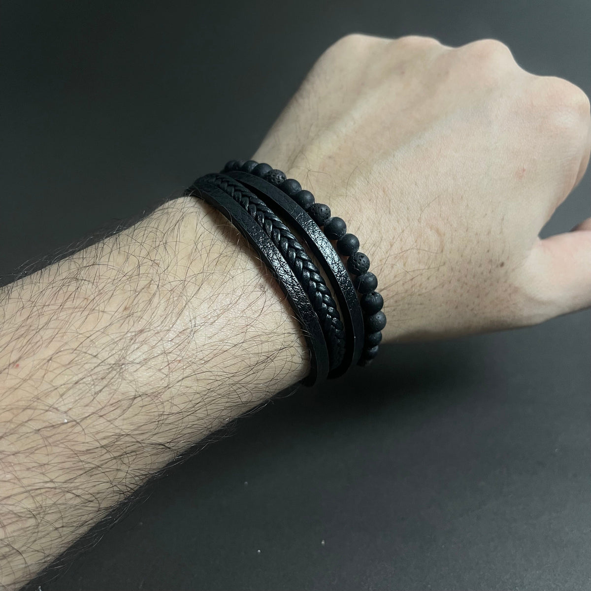 Layered Beaded Leather Bracelets For Men - Black Lava