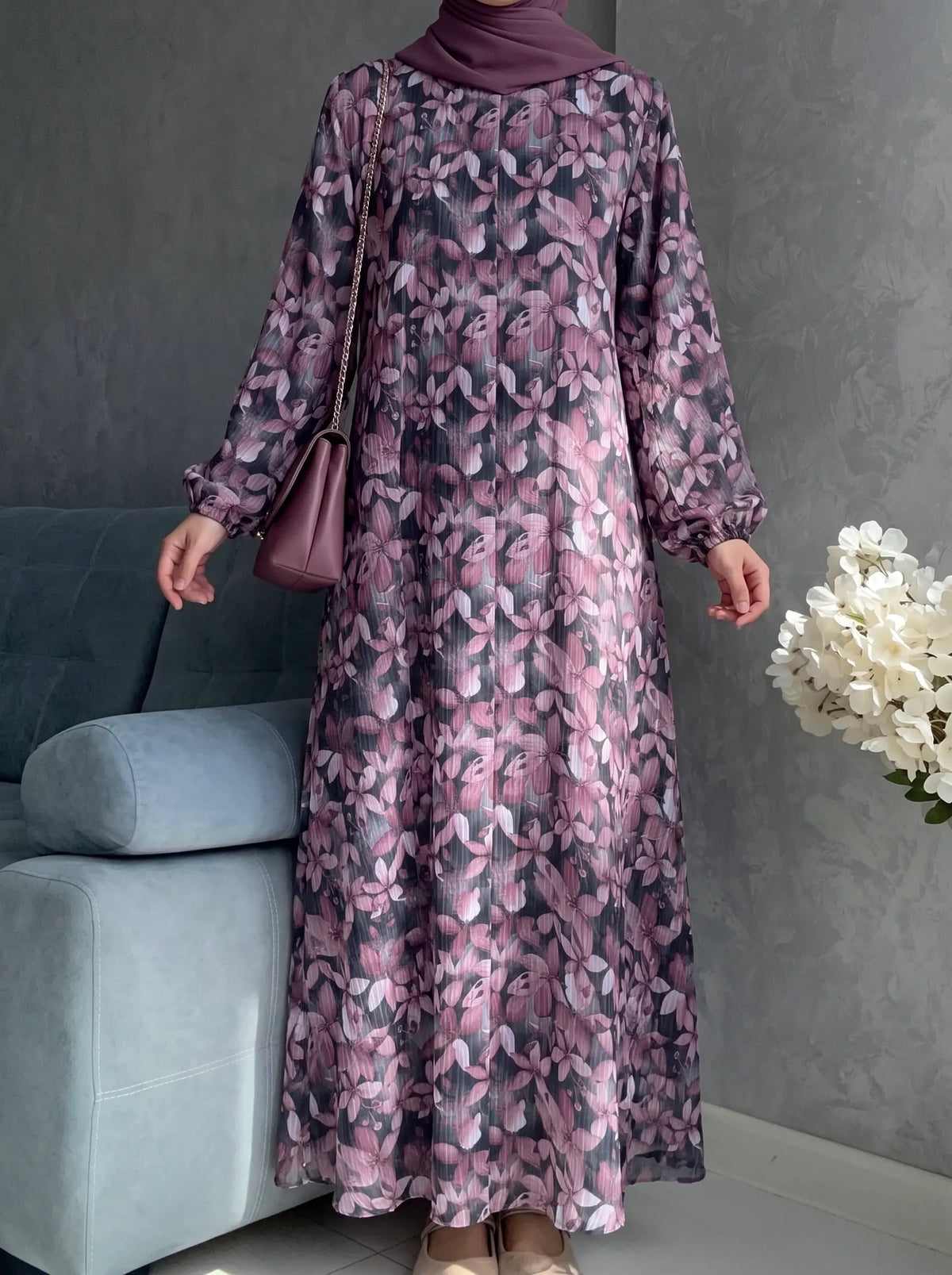 Mauve Black - Arabic Lawn Abaya HJ1692