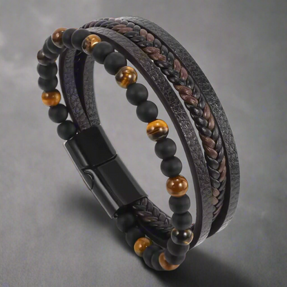 Layered Beaded Leather Bracelet For Men - Brown Tiger Eye