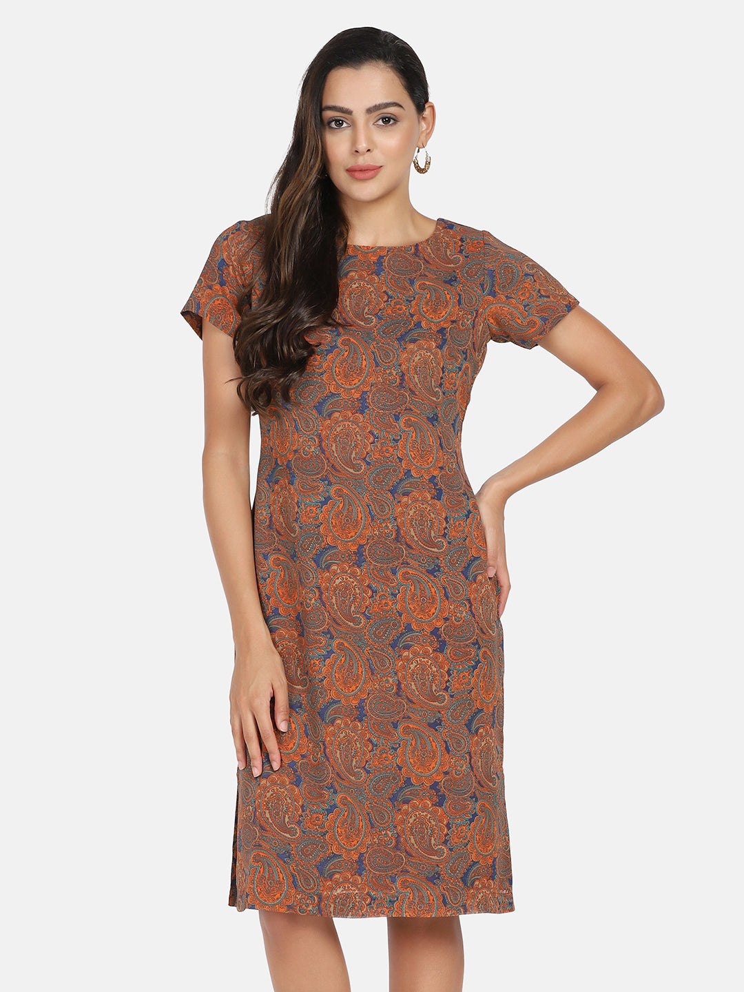 Paisley Print Georgette Sheath Dress for Women - Orange & Blue