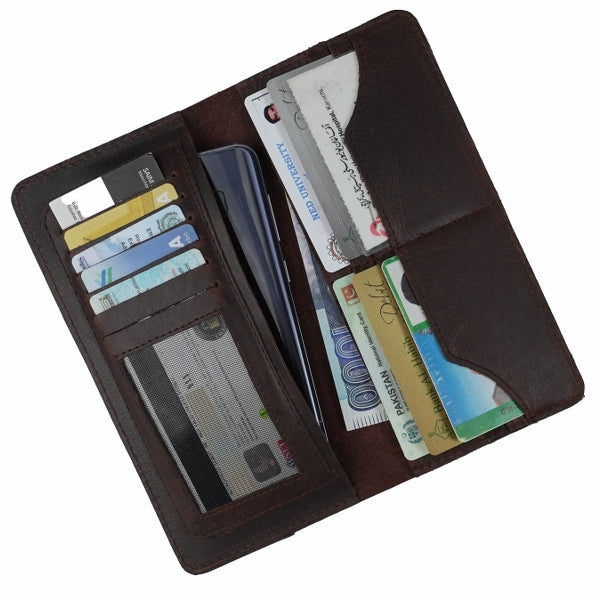 Slim Vintage Long Leather Travel Wallet For Mobile/Credit Cards-BROWN