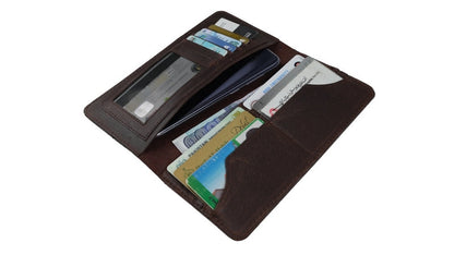 Slim Vintage Long Leather Travel Wallet For Mobile/Credit Cards-BROWN
