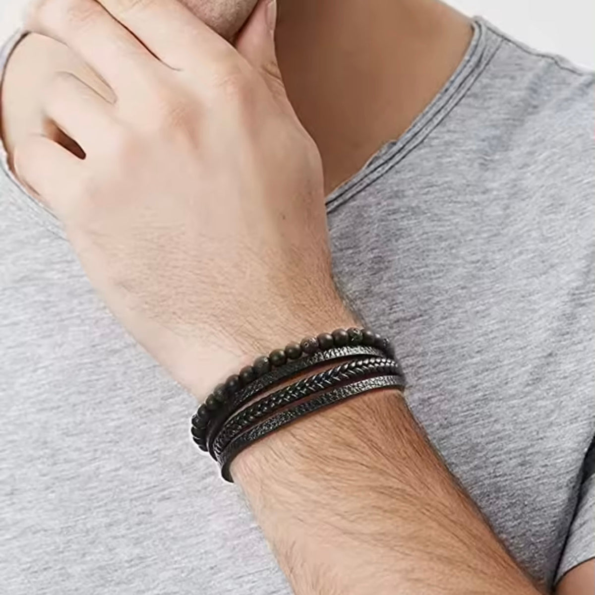 Layered Beaded Leather Bracelets For Men - Black Lava
