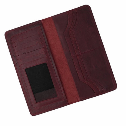 Slim Vintage Long Leather Travel Wallet For Mobile/Credit Cards CRIMSON RED