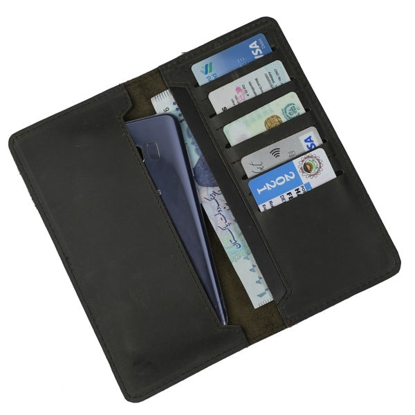 Genuine Vintage Leather Travel Mobile Long Wallet-CHARCOAL BLACK