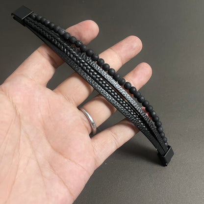 Layered Beaded Leather Bracelets For Men - Black Lava