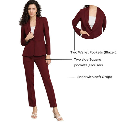 Women Maroon Single-Breasted Formal Pantsuit