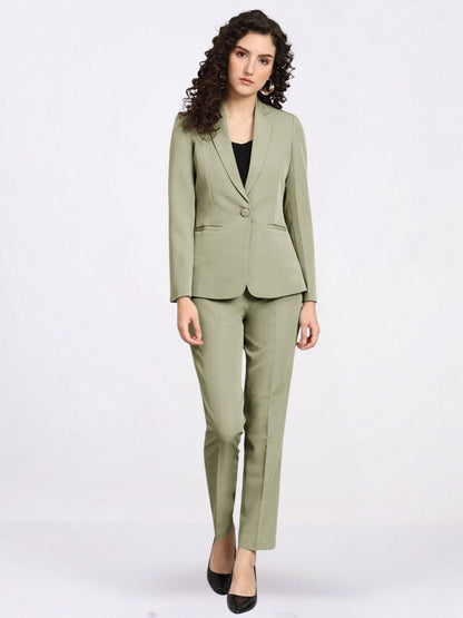 Women Olive Green Single-Breasted Formal Pantsuit