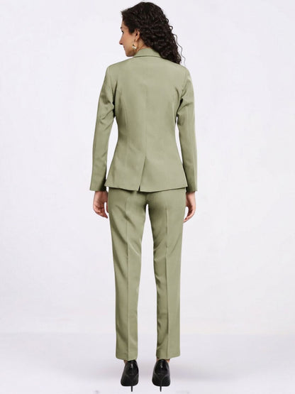 Women Olive Green Single-Breasted Formal Pantsuit