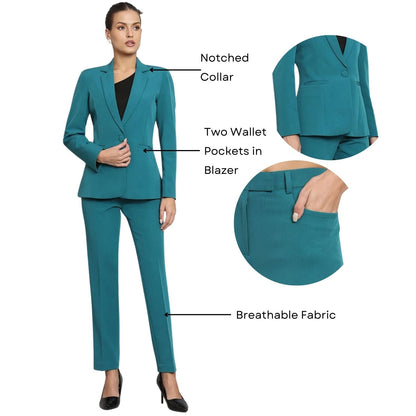 Women Teal Green Single-Breasted Formal Powersuit