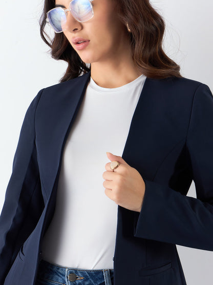 Women Navy Blue Single-Breasted Formal Pantsuit
