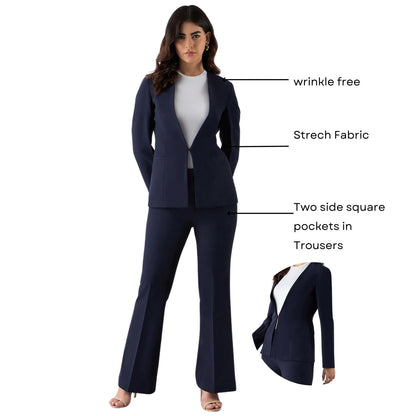 Women Navy Blue Single-Breasted Formal Pantsuit