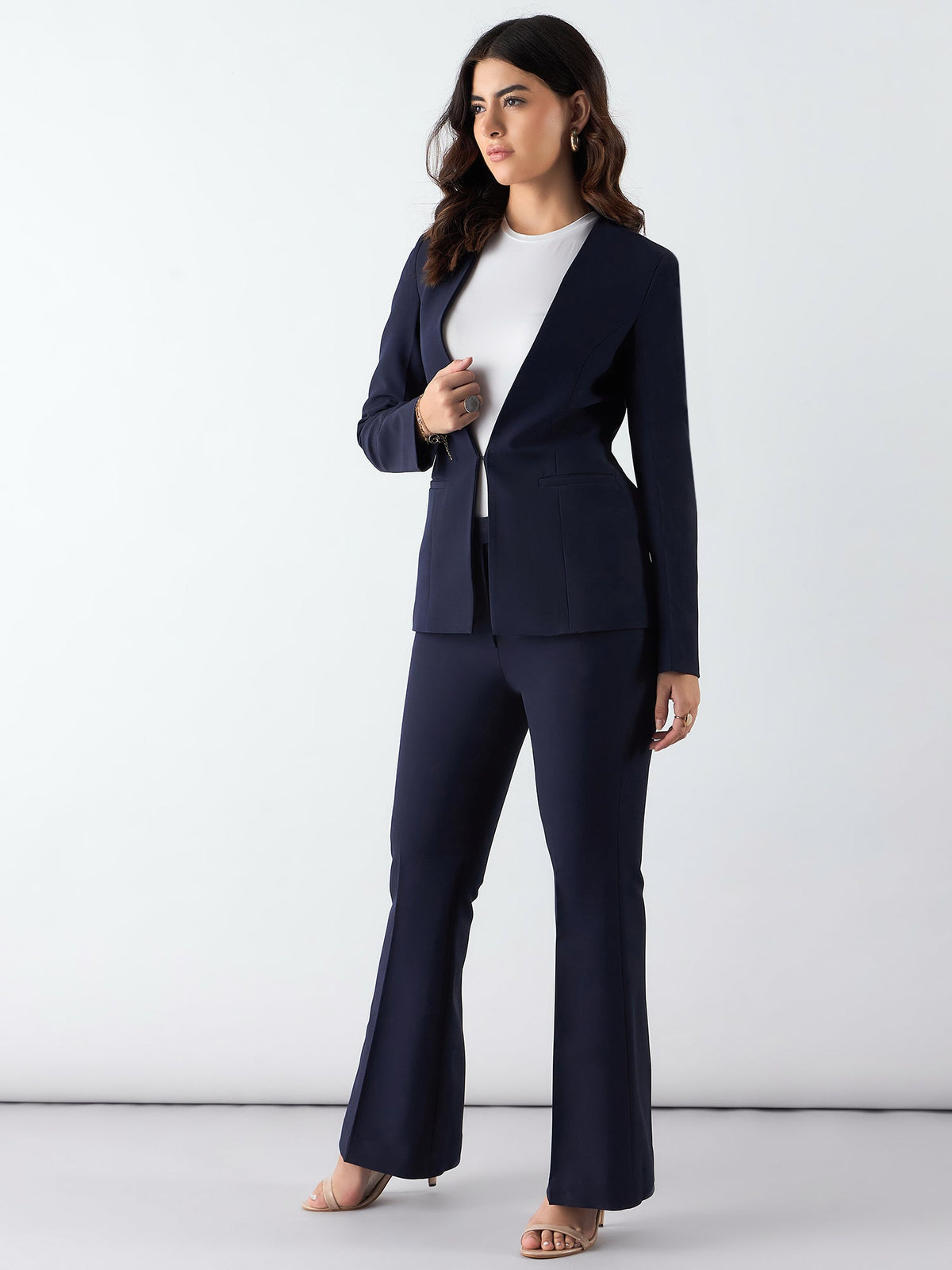 Women Navy Blue Single-Breasted Formal Pantsuit