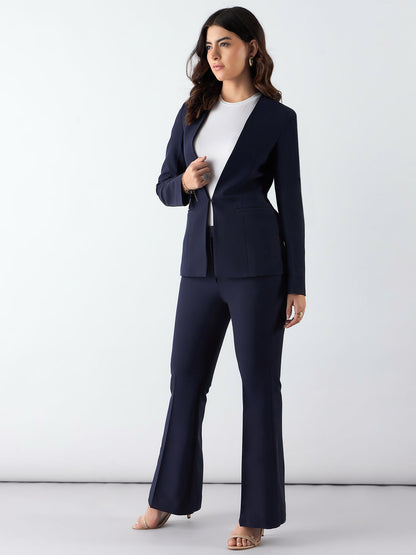 Women Navy Blue Single-Breasted Formal Pantsuit