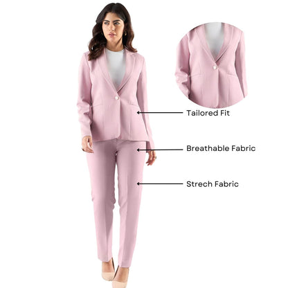 Women Pink Single-Breasted Stretch Formal Pantsuit