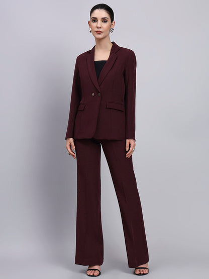 Women Burgundy Single Breasted Formal Pantsuit