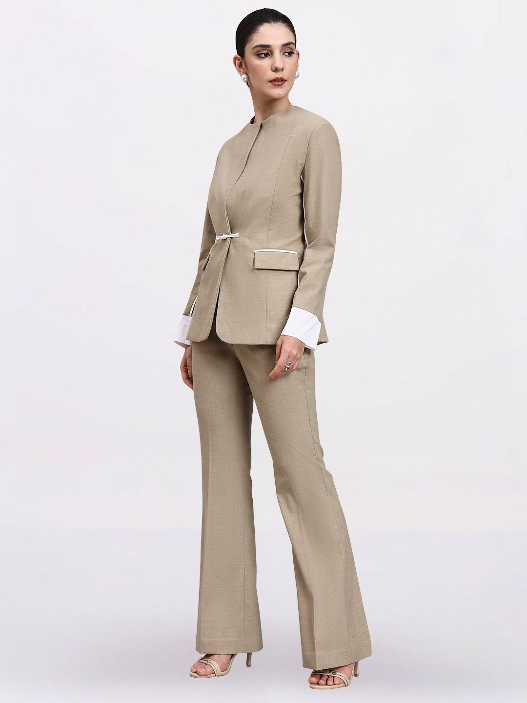 Women Beige Single Breasted Stretch Formal Pantsuit