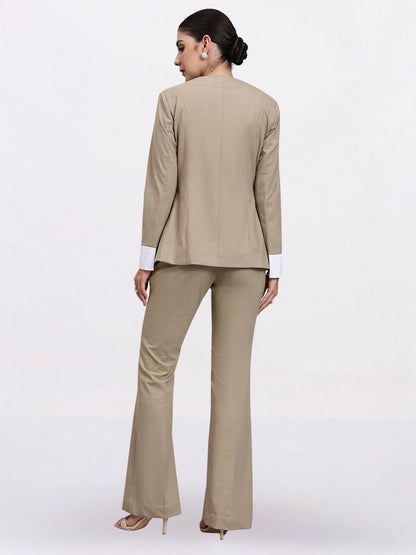 Women Beige Single Breasted Stretch Formal Pantsuit