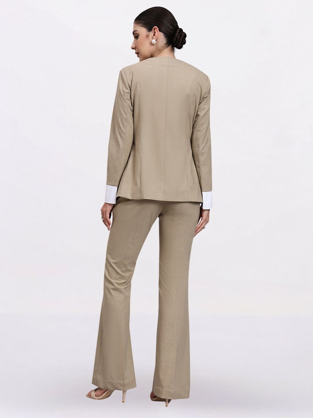 Women Beige Single Breasted Stretch Formal Pantsuit
