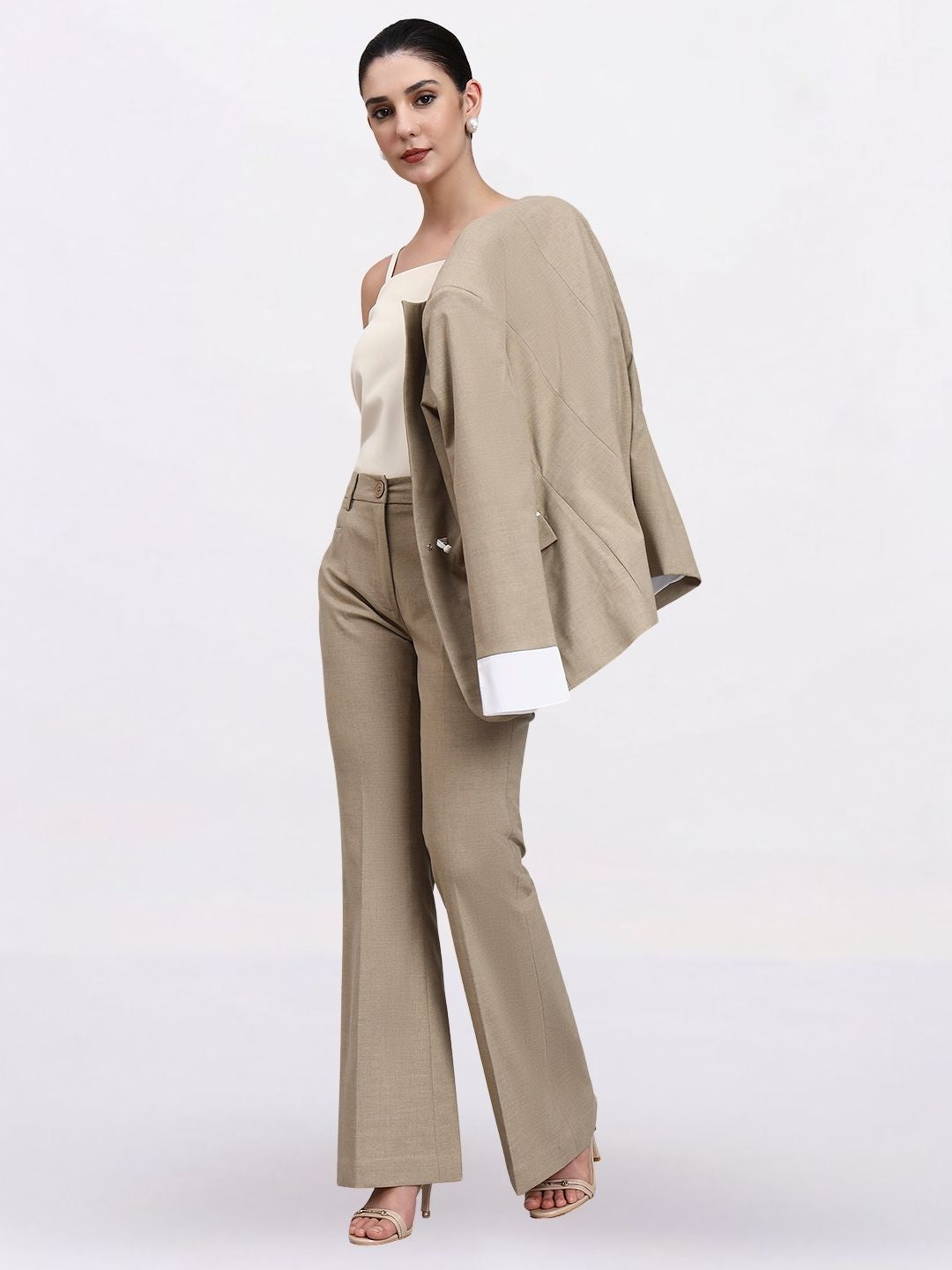Women Beige Single Breasted Stretch Formal Pantsuit