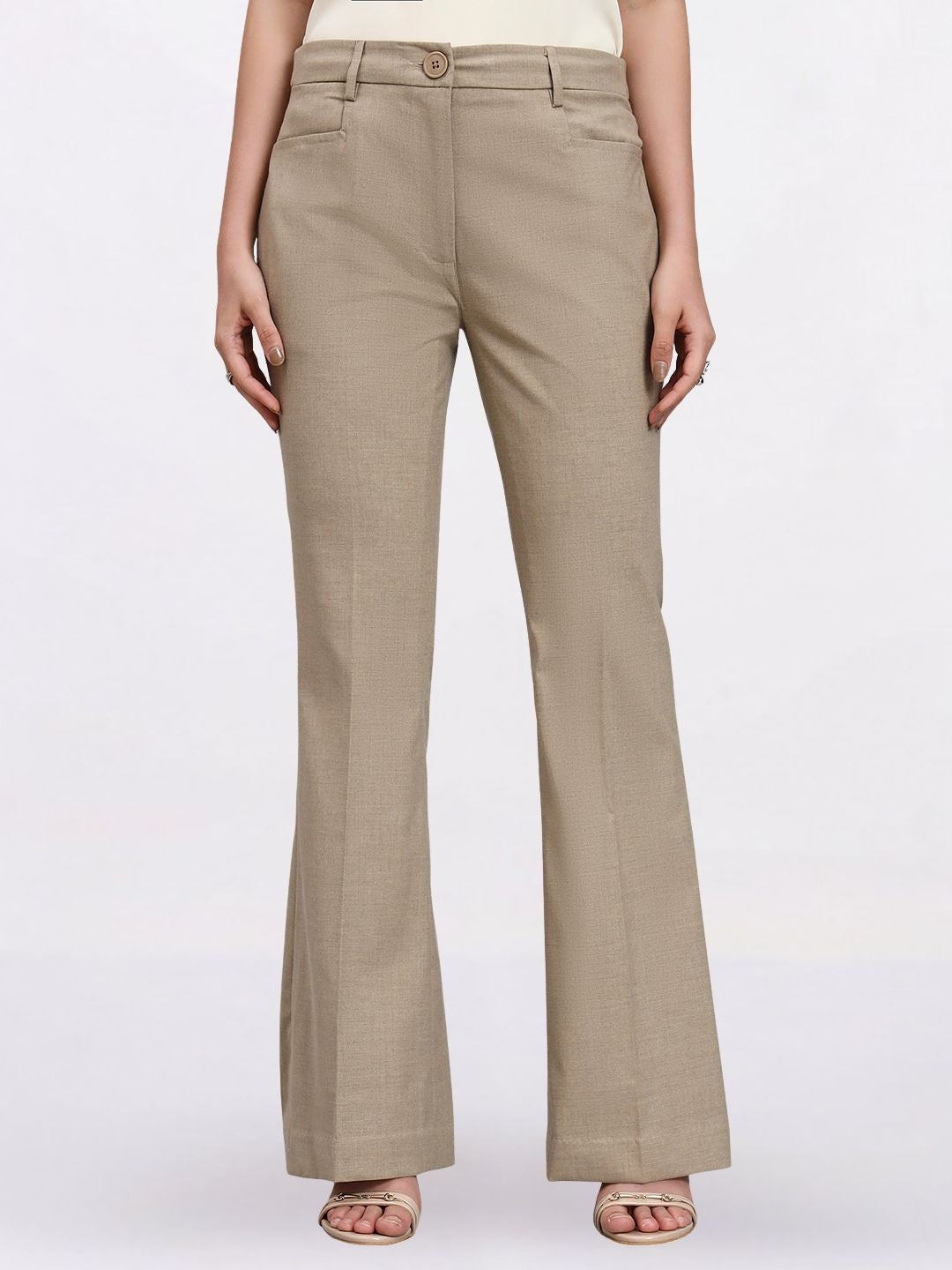 Women Beige Single Breasted Stretch Formal Pantsuit