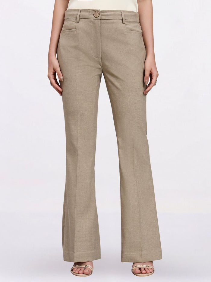 Stretch Beige High-Rise Bell Bottom Trousers