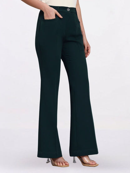 Women Bottle Green Lapel Less Formal Pantsuit