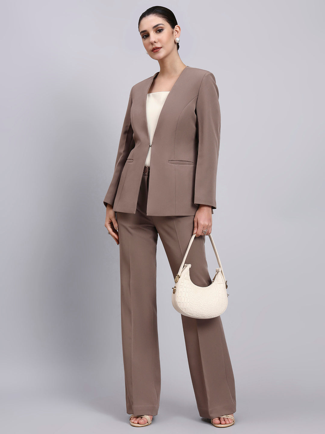 Women Beige-Brown Lapel Less Formal Powersuit