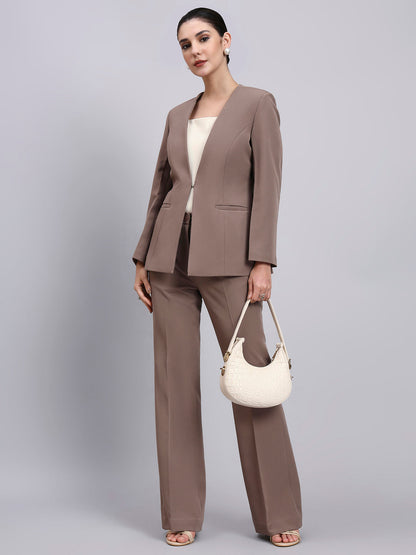 Women Beige-Brown Lapel Less Formal Powersuit