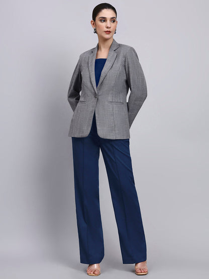 Women Grey Blazer-Set with Contrast Navy Blue Straight fit Pants