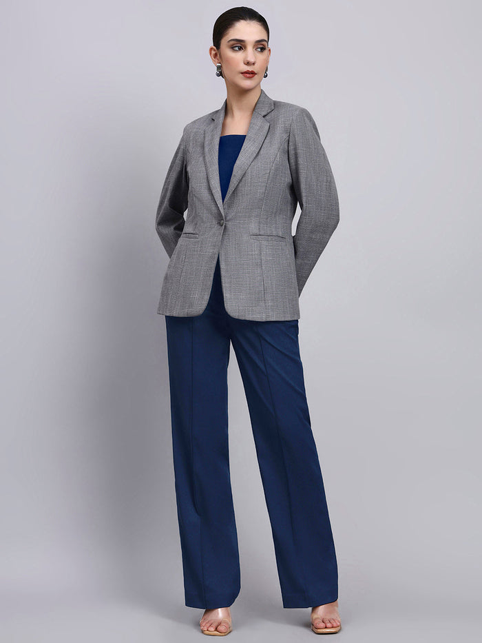 Women Grey Blazer-Set with Contrast Navy Blue Straight fit Pants