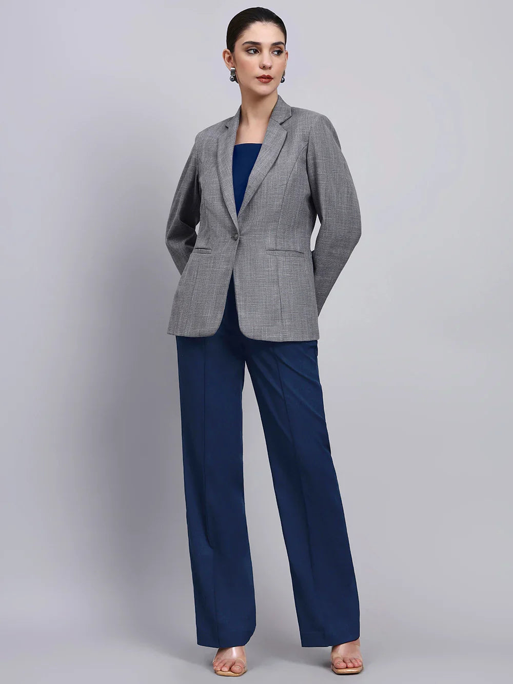 Women Grey Blazer-Set with Contrast Navy Blue Straight fit Pants