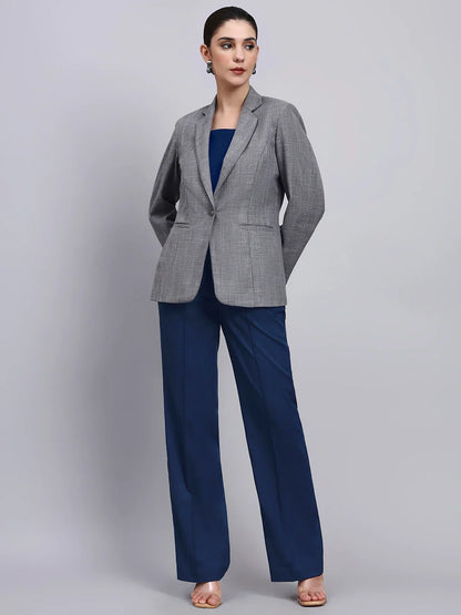 Women Grey Blazer-Set with Contrast Navy Blue Straight fit Pants