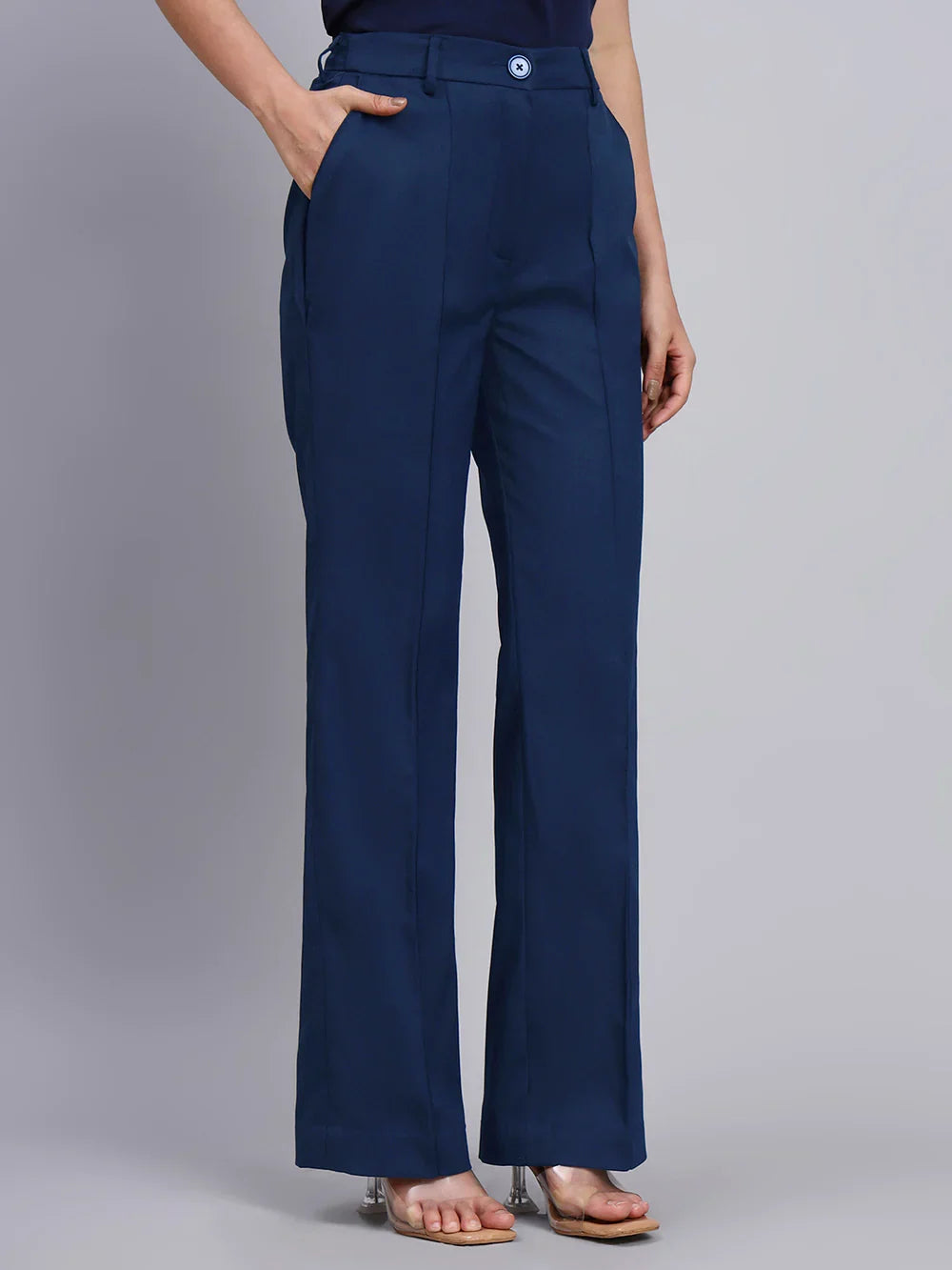 Women Navy Blue Stretch Mid Rise Trouser