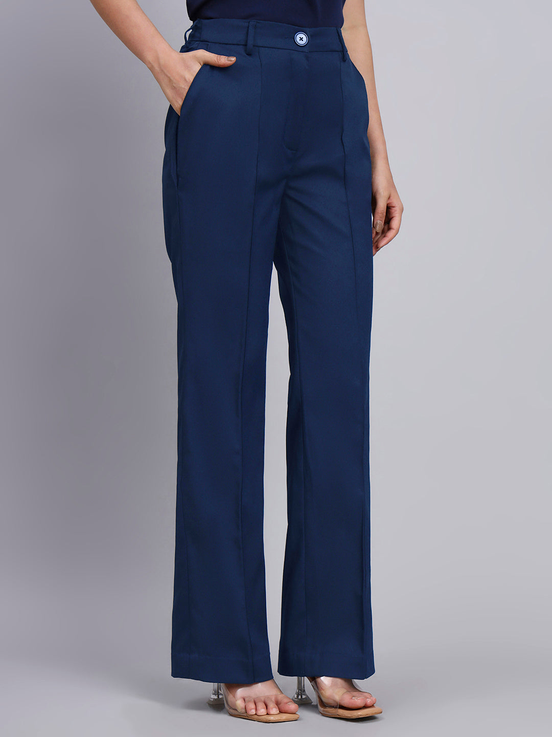 Women Grey Blazer-Set with Contrast Navy Blue Straight fit Pants