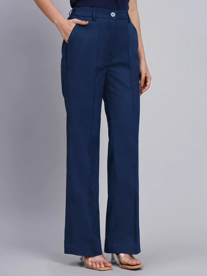Women Grey Blazer-Set with Contrast Navy Blue Straight fit Pants
