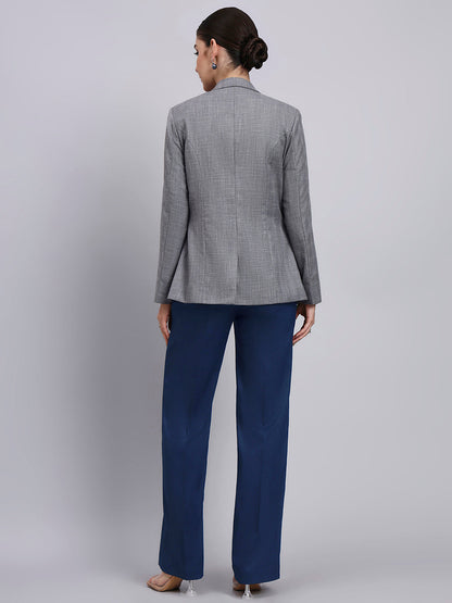 Women Grey Blazer-Set with Contrast Navy Blue Straight fit Pants